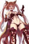  1girl :d animal_ears armor bangs bikini_armor bow bowtie breasts cape cerberus cerberus_(shingeki_no_bahamut) claw_pose crossed_bangs dog_ears dog_girl elbow_gloves fangs from_below gauntlets gloves granblue_fantasy highres long_hair medium_breasts navel panties red_bow red_bowtie red_hair ribbon sail_(sail-away) shingeki_no_bahamut smile solo thigh_ribbon thighhighs twintails underwear white_background 