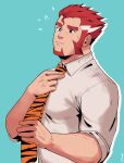  1boy bara beard black_eyes facial_hair fang highres male_focus mature_male muscular muscular_male necktie original pectorals red_hair spiked_hair sweat tiger_stripes zink_(zink_mchn) 