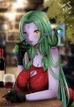  1girl black_gloves blurry blurry_background breasts cleavage colored_skin commission cup dress drinking_glass echidna_(monster_girl_encyclopedia) gloves green_hair highres lamia large_breasts long_hair monster_girl monster_girl_encyclopedia noiretox orange_eyes purple_skin red_dress snake_hair solo table wine_glass 