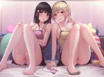  2girls ass bangs bed_sheet black_hair black_skirt blonde_hair blunt_bangs blush breasts camisole cleavage collarbone cushion egg_vibrator feet hair_between_eyes hair_ornament highres knees_up large_breasts long_hair looking_at_viewer multiple_girls nail_polish on_bed open_mouth original panties pillow pink_camisole pink_panties pleated_skirt purple_eyes scrunchie sex_toy sitting sitting_on_bed skirt smile star_(symbol) star_hair_ornament thighhighs thighs toes tongue tongue_out toyosaki_shu underwear v vibrator white_legwear wrist_scrunchie yellow_camisole 