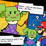  &gt;_&lt; ? bodily_fluids clothed clothing comic dialogue duo embarrassed english_text eyes_closed female hi_res human humanoid looking_away male male/female mammal mario mario_bros mimi_(mario) nintendo not_furry open_mouth paper_mario sweat text unknown_artist video_games 