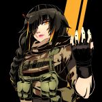  black_background braid braided_ponytail brown_hair commission cosplay crossover eyepatch fingerless_gloves girls&#039;_frontline gloves highres horns lips long_hair m16a1_(girls&#039;_frontline) metal_gear_(series) metal_gear_solid_v military military_uniform multicolored_hair ponytail scar scar_across_eye scar_on_face simple_background single_horn streaked_hair tactical_clothes uniform venom_snake venom_snake_(cosplay) warfakaid yellow_eyes 