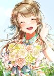  1girl :d ^_^ absurdres bare_arms blue_ribbon blush bouquet brown_hair closed_eyes facing_viewer floating_hair flower grey_ribbon hair_flower hair_ornament hair_ribbon highres holding holding_bouquet long_hair love_live! love_live!_school_idol_project minami_kotori neck_ribbon nota_ika open_mouth pink_flower pink_rose ribbon rose shiny shiny_hair smile solo tied_hair twitter_username upper_body white_flower white_rose yellow_flower yellow_rose 