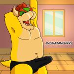  1:1 anthro belly big_belly big_muscles bowser bulge chubby_male clothed clothing erection erection_under_clothing eyebrows eyes_closed father genital_outline hair horn house_background invalid_tag kodafurrzan koopa male mario_bros muscular navel nintendo open_mouth parent penis_outline scalie solo standing stretching tanga teeth teeth_visible underwear video_games yawning_position yellow_tail 