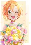  1girl ;d absurdres bangs blush bouquet choker earrings flower hair_between_eyes hair_flower hair_ornament highres holding holding_bouquet hoshizora_rin jewelry looking_at_viewer love_live! love_live!_school_idol_project nota_ika one_eye_closed open_mouth orange_hair petals pink_flower rose shiny shiny_hair short_hair smile solo twitter_username upper_body white_choker yellow_flower yellow_rose 