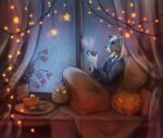  absurd_res anthro autumn canid canine canis cordiale dante_kinkade dessert food hi_res jack-o&#039;-lantern lgbt_pride male mammal pie plushie pride_colors pumpkin_pie raining relaxing solo window_seat wolf 