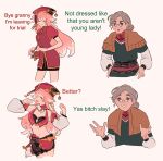  antlers bag bangs bare_shoulders bearsketches book breasts bunsketches china_dress chinese_clothes cleavage crop_top dress genshin_impact highres long_hair madame_ping_(genshin_impact) meme old old_woman pink_hair red_headwear small_breasts yanfei_(genshin_impact) 