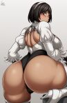  1girl android ass ass_focus black_hair boots breasts dark_skin from_behind gloves hairband high_heel_boots high_heels highres huge_ass jmg large_breasts leotard nier_(series) nier_automata red_eyes shiny shiny_hair shiny_skin short_hair sideboob solo thick_thighs thigh_boots thighhighs thighs thong thong_leotard yorha_type_p_no._2 