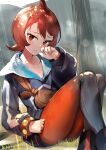  1girl arezu_(pokemon) bracelet fingernails gradient gradient_legwear highres hood hoodie jewelry kasumi_komo pantyhose pokemon pokemon_(game) pokemon_legends:_arceus pouch red_eyes red_hair sitting sunlight 