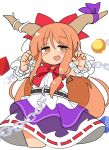  1girl :d bangs bow bowtie chain cropped_legs cube eyebrows_visible_through_hair fang hair_bow half-closed_eyes highres horn_ornament horn_ribbon horns ibuki_suika ini_(inunabe00) long_hair looking_at_viewer metal_belt open_mouth orange_eyes orange_hair orb purple_skirt pyramid red_bow red_bowtie ribbon ribbon-trimmed_skirt ribbon_trim shirt simple_background skirt smile solo torn_clothes torn_sleeves touhou white_background white_shirt wrist_cuffs 