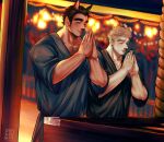  2boys animal_ears arm_hair bara closed_eyes closed_mouth commentary dog_ears highres japanese_clothes kimono male_focus mature_male multiple_boys muscular muscular_male original own_hands_together praying short_hair smile tiowinwin yukata 