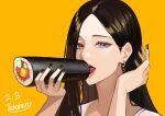  1girl artist_name black_nails brown_eyes brown_hair commentary_request dated earrings ehoumaki food hair_behind_ear hands_up holding holding_food jewelry lips long_hair looking_at_viewer makizushi open_mouth original portrait simple_background solo sushi takoneru tongue yellow_background 