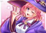  1girl berliandevania blush bow hat highres long_sleeves looking_at_viewer maha5 one_eye_closed pale_skin pink_hair purple_eyes rena_anggraeni ribbon smile solo v virtual_youtuber witch witch_hat 