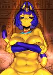  :&lt; absurd_res animal_crossing ankha_(animal_crossing) ankha_zone anthro bangs belly big_breasts blue_hair bob_cut breast_squish breasts collar covering covering_breasts crossed_arms detailed_navel domestic_cat egyptian felid feline felis female hair hi_res looking_down low-angle_view mammal meowx25 mostly_nude navel nintendo purple_eyes smug solo squish straight_bangs video_games yellow_body 