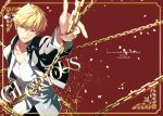  1boy black_jacket blonde_hair chain comiket_93 commentary_request fate/grand_order fate/stay_night fate_(series) gilgamesh_(fate) jacket male_focus natsuko_(bluecandy) open_mouth red_eyes shirt short_hair smile solo toned white_shirt 