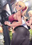  1girl ass blonde_hair blue_eyes blush bow breasts exercise_machine gym_pants hair_bow highres kinntarou large_breasts midriff mirror open_mouth original ponytail sidelocks solo sports_bra steaming_body sweat toned 