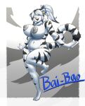  absurd_res anthro bai-bao_(whitelister) big_breasts blue_eyes breasts colored_nails felid female fluffy fur hair hi_res mammal nails nipples one_eye_closed pantherine ponytail simple_background smile solo stripes tiger white_body white_fur whitelister wide_hips 