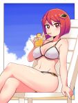  1girl azure_striker_gunvolt_2 beach_chair bikini blue_sky blunt_ends bob_cut breasts cleavage cloud cloudy_sky commentary cougar_(cougar1404) cup day drinking drinking_glass drinking_straw hair_ornament halterneck holding holding_cup legs looking_at_viewer navel nowa_(gunvolt) outdoors pinky_out red_eyes red_hair short_hair sitting sky solo swimsuit white_bikini 