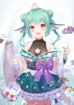  1girl air_bubble bangs bow breasts bubble collarbone cowboy_shot crown double_bun dress finana_ryugu fish flower frills green_hair hair_flower hair_ornament hands_up head_fins highres japanese_clothes looking_at_viewer medium_hair nijisanji nijisanji_en off_shoulder open_mouth purple_eyes small_breasts smile solo star_(symbol) star_hair_ornament ustn_(usatan) virtual_youtuber 