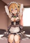 1girl alternate_costume armpits arms_up belt belt_buckle black_dress blonde_hair blurry blurry_background blush breasts buckle chloe_(princess_connect!) dress elbow_gloves elf enmaided frills gloves highres indoors kneehighs maid maid_headdress open_mouth pointy_ears princess_connect! purple_eyes se-u-ra sitting solo sweat 