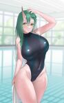  1girl :o alternate_costume arknights arm_up black_swimsuit blush breasts commentary competition_swimsuit covered_navel cowboy_shot green_hair hair_between_eyes hand_in_hair highleg highleg_swimsuit highres holding holding_towel horns hoshiguma_(arknights) indoors large_breasts long_hair looking_to_the_side makino one-piece_swimsuit oni_horns parted_lips pool poolside scar scar_on_cheek scar_on_face single_horn skin_tight solo standing straight_hair striped sunlight swimsuit thighs towel vertical_stripes wet wet_clothes wet_swimsuit window yellow_eyes 
