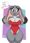  &lt;3 5_fingers anthro big_breasts blush breasts clothed clothing costume dialogue dialogue_box disney eyebrows female fingers fur grey_body grey_fur hi_res judy_hopps lagomorph leporid looking_aside mammal open_mouth purple_eyes rabbit simple_background smile solo tailsmight text zootopia 