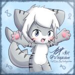  &lt;3 1:1 4_fingers ambiguous_gender anthro blue_background blue_eyes blush changed_(video_game) clothing dialogue fin fingers fish grey_body hair hi_res looking_at_viewer marine open_mouth pawpads paws raised_arms shark shark_tail simple_background solo spread_arms teeth text the_shark_(changed) tringa white_body white_hair 