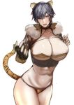  1girl animal_ears areolae black_hair breasts chinese_zodiac cleavage cowboy_shot fingerless_gloves fur_collar gloves huge_breasts jikihatiman large_areolae looking_at_viewer open_mouth original purple_eyes short_hair tail tiger_ears tiger_tail tomboy year_of_the_tiger 