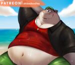  2022 anthro beach belly blush bottomwear clothing cloud dreamworks fish grey_body male marine mr._shark_(the_bad_guys) navel outside overweight overweight_male seaside shark shibadoodles shirt shorts solo the_bad_guys topwear water wet 