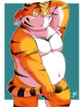  2022 anthro belly blush felid hi_res humanoid_hands kemono male mammal moobs navel nipples orange_body overweight overweight_male pantherine pink_nose solo takkusk tiger white_body 