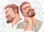  1boy arm_hair bara beard character_sheet commentary facial_hair green_shirt highres male_focus mature_male muscular muscular_male mustache open_mouth original shirt smile solo thick_eyebrows third_cookie 