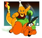  absurd_res anthro axel_the_tepig butt butt_slap charmander clothing duo fire flaming_tail green_clothing green_eyes green_nose green_underwear hadou hat headgear headwear hi_res legwear male male/male nintendo orange_body overweight overweight_anthro overweight_male party_hat pok&eacute;mon pok&eacute;mon_(species) satsui-n0-had0u shirt slap tank_top tepig thigh_highs topwear underwear video_games 