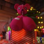  1:1 3d_(artwork) animate_inanimate anthro areola big_areola big_breasts big_nipples blender_(software) blender_eevee breast_tag breasts button_eyes christmas christmas_tree cottage digital_media_(artwork) female furniture gift gift_box gift_tag goatdude hi_res holidays lights living_plushie looking_at_viewer mammal nipples nude person_as_gift person_present pink_body pink_skin plant plushie present_box solo stiches stuffed_bear tag teddy_bear tree ursid wood 