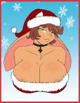  anthro areola big_breasts bovid bovine breasts brown_hair cattle christmas cleavage clothed clothing emoti female freckles green_eyes hair holidays horn jewelry las_lindas mammal mora_linda necklace snow solo webcomic 