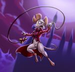  2022 3_toes action_pose angry anthro bassybefuddle black_eyes bottomless clitoris clothed clothing coat feet female frown fur genitals grey_body grey_fur hi_res holding_object holding_whip looking_up mammal mina_(mina_the_hollower) mina_the_hollower moon mouse murid murine night pink_nose pose pupils purple_clothing purple_shirt purple_topwear pussy red_clothing red_coat red_topwear rodent shirt solo tan_inner_ear toes topwear whip white_pupils 