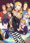  6+boys absurdres beach black_eyes black_hair black_jacket black_sclera black_shirt blonde_hair brown_jacket buzz_cut cigarette closed_mouth colored_sclera formaggio gelato ghiaccio glasses green_eyes green_hair grey_hair highres holding holding_cigarette illuso jacket jojo_no_kimyou_na_bouken long_hair long_sleeves melone mirror multiple_boys one_eye_closed open_mouth orange_hair orange_jacket pants pesci polo_shirt prosciutto purple_hair purple_shirt red_eyes risotto_nero shakuyouka shirt short_hair short_sleeves smile smoking sorbet striped striped_pants sunrise vento_aureo very_short_hair water white_jacket white_pants 