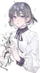  1girl black_ribbon collared_shirt commentary crying crying_with_eyes_open flower grey_hair holding holding_flower long_sleeves looking_at_viewer neck_ribbon original parted_lips purple_eyes rain ribbon shirt short_hair simple_background solo symbol-only_commentary tears tefco upper_body white_background white_flower white_shirt 
