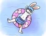  2018 angstrom anthro balls_outline big_penis blue_hair clothing eyewear flaccid floating genital_outline genitals hair hands_behind_head inflatable inner_tube lagomorph leporid male mammal marco_(angstrom) navel penis penis_through_leghole poking_out rabbit solo sunglasses swimming_trunks swimwear water white_body young 