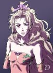  1girl bare_shoulders blonde_hair breasts cape closed_mouth detached_sleeves dress earrings expressionless final_fantasy final_fantasy_vi jewelry kurita_shin&#039;ichi long_hair looking_at_viewer ponytail purple_eyes ribbon simple_background solo tina_branford 