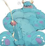  anthro balls big_penis blue_body blue_fur blush bodily_fluids cum disney ejaculation fur genital_fluids genitals horn humanoid_genitalia humanoid_penis hyaku_(artist) male masturbation monster monsters_inc muscular muscular_anthro muscular_male nude penile penile_masturbation penis pixar solo sulley 