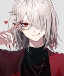  1boy :q absurdres bespectacled black_shirt close-up commentary_request earrings fingernails glasses grey_background grey_hair hair_ornament hair_over_one_eye hana_arare heart highres jacket jewelry kuzuha_(nijisanji) male_focus multiple_earrings nail_polish necklace nijisanji pointy_ears red_eyes red_jacket red_nails sharp_fingernails shirt short_hair simple_background solo tongue tongue_out upper_body virtual_youtuber x_hair_ornament 