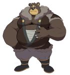  2022 anthro belly black_nose bottomwear brown_body clothed clothing cute_fangs hi_res humanoid_hands male moobs nintendo overweight overweight_male pants pok&eacute;mon pok&eacute;mon_(species) simple_background solo splashburr ursaluna video_games white_background 