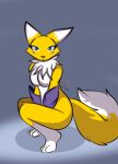  absurd_res bandai_namco blue_eyes breasts canid canine crouching digimon digimon_(species) female fluffy fluffy_tail fox fox_tail hi_res humanoid looking_at_viewer mammal renamon skade_(artist) smile solo squatting_position 