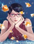  1girl absurdres black_hair boruto:_naruto_next_generations bubble commentary english_commentary fish glasses goldfish hands_on_own_face highres looking_at_viewer macubov naruto_(series) red-framed_eyewear short_hair solo_focus uchiha_sarada 