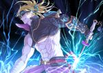  1boy abs axe bara blonde_hair blue_eyes chest_harness commentary_request fate/grand_order fate_(series) fingerless_gloves gloves harness headband highres igote large_pectorals long_hair male_focus mature_male muscular muscular_male official_alternate_costume pectorals sakata_kintoki_(fate) sakata_kintoki_(heian_warrior_attire)_(fate) single_bare_shoulder smile solo u2_(yuniu222) weapon 