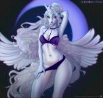  2022 anthro blue_eyes breasts clothed clothing digital_media_(artwork) equid equine etskuni female hair hi_res horn looking_at_viewer mammal midriff navel smile solo white_hair winged_unicorn wings 
