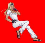  1boy black_gloves blonde_hair dark-skinned_male dark_skin full_body gloves hand_on_hip holding holding_microphone jojo_no_kimyou_na_bouken lips long_hair looking_at_viewer microphone pants red_background sandals shakuyouka shirt short_sleeves simple_background solo tiziano toes vento_aureo white_pants white_shirt yellow_eyes 