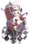  1girl alcohol bikini black_bikini blue_archive chair checkered_floor cloba cup drinking_glass halo highres holding holding_cup long_hair on_chair pink_hair purple_legwear simple_background swimsuit thighhighs twintails twintails_day white_background wine wine_glass 