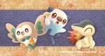  animal_focus brown_eyes commentary_request copyright_name cyndaquil fangs fire freckles highres holding holding_shell no_humans open_mouth oshawott pokemon pokemon_(creature) ririko_(nagareboshi) rowlet shell starter_pokemon_trio talons tongue 