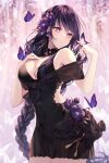 1girl arched_back bell black_dress black_hair black_ribbon blurry blurry_background braid braided_ponytail breast_press breasts bug butterfly butterfly_hair_ornament cleavage dress flower gem genshin_impact grass hair_between_eyes hair_flower hair_ornament hair_ribbon hand_up highres jewelry large_breasts long_hair looking_at_another looking_down looking_to_the_side miniskirt neck_bell pink_background pink_butterfly purple_butterfly purple_eyes purple_flower purple_hair purple_ribbon raiden_shogun ribbon simple_background skirt sleeveless sleeveless_dress taya_oco very_long_hair 